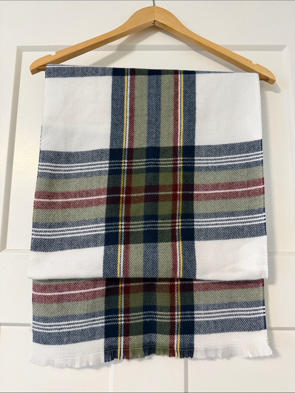 Lands' End Plaid Scarf in White, Navy, Olive & Burgundy